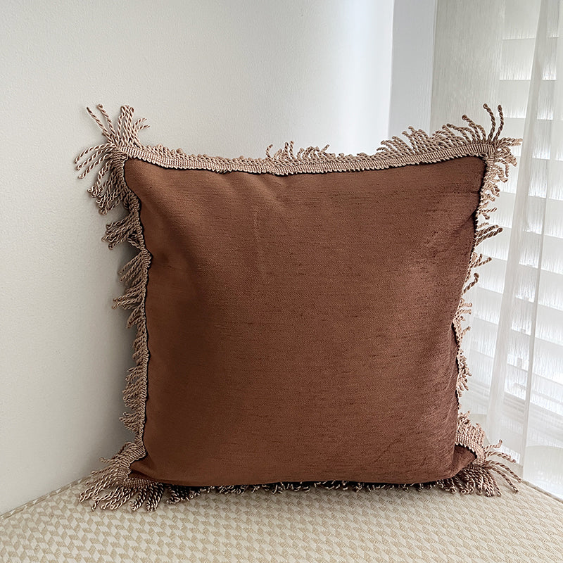 Boho Chic Bullion Fringe Velvet Throw Pillow Cover in Brown/Sakura Pink Colorway