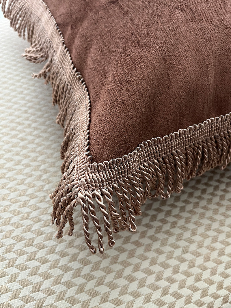 Boho Chic Bullion Fringe Velvet Throw Pillow Cover in Brown/Sakura Pink Colorway
