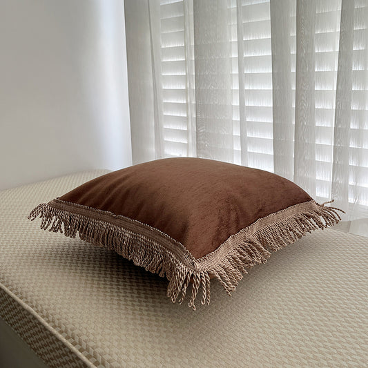 Boho Chic Bullion Fringe Velvet Throw Pillow Cover in Brown/Sakura Pink Colorway