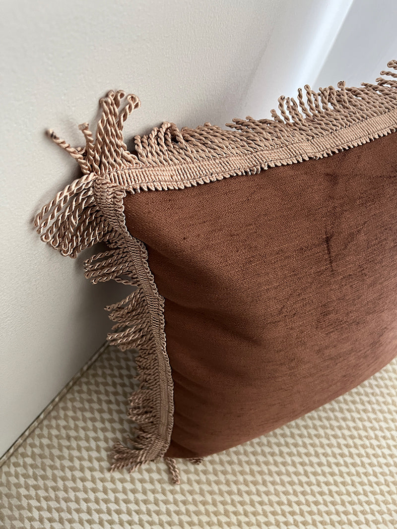 Boho Chic Bullion Fringe Velvet Throw Pillow Cover in Brown/Sakura Pink Colorway
