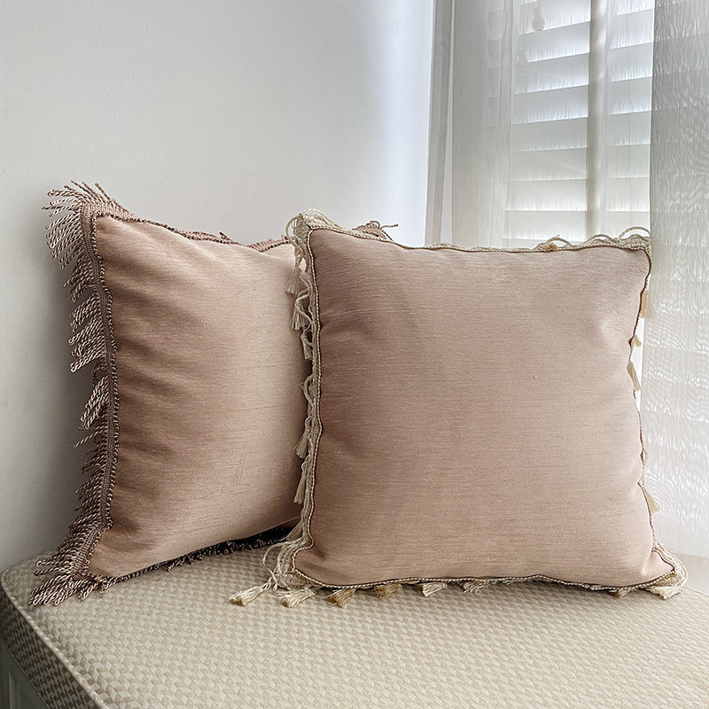 Boho Chic Bullion Fringe Velvet Throw Pillow Cover in Sakura Pink Colorway