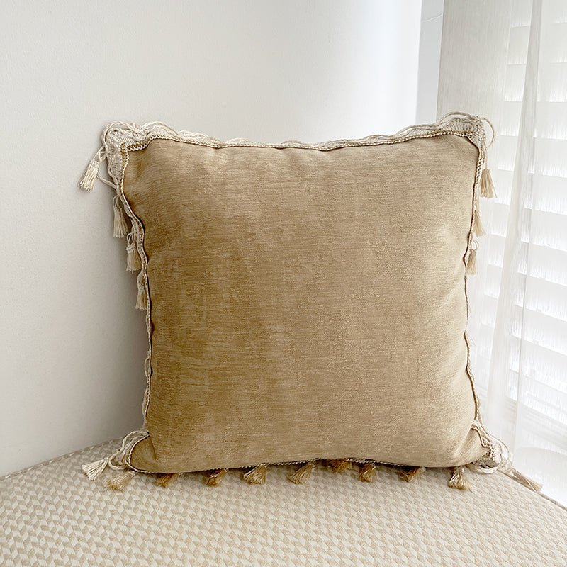 Boho Chic Tassel Fringe Velvet Throw Pillow Cover in Dull Gold/Off-White Colorway