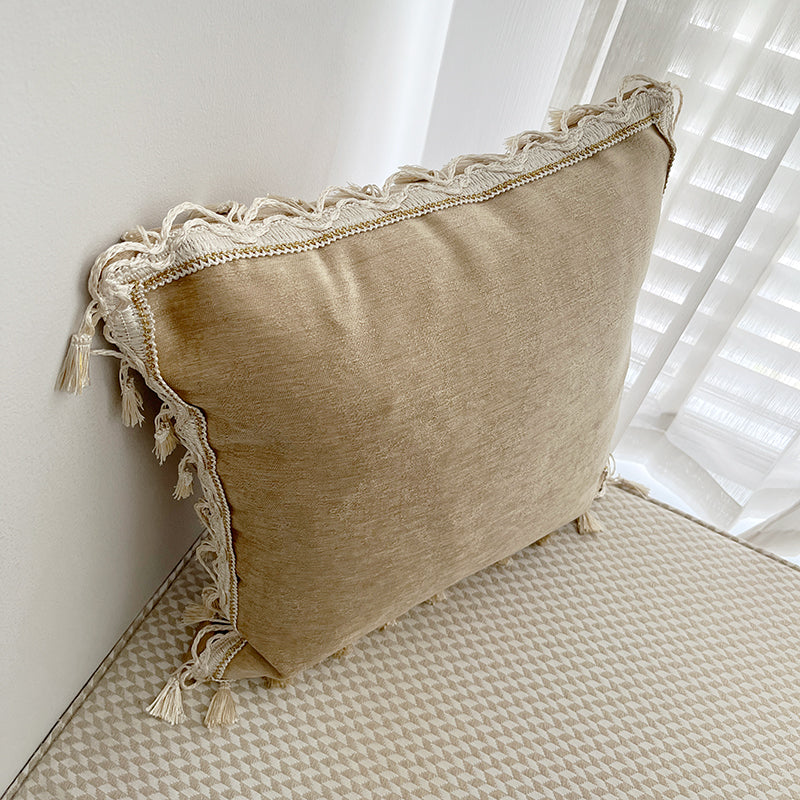 Boho Chic Tassel Fringe Velvet Throw Pillow Cover in Dull Gold/Off-White Colorway