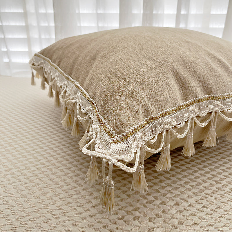 Boho Chic Tassel Fringe Velvet Throw Pillow Cover in Dull Gold/Off-White Colorway