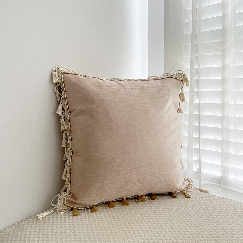 Boho Chic Tassel Fringe Velvet Throw Pillow Cover in Sakura Pink/Off-White Colorway