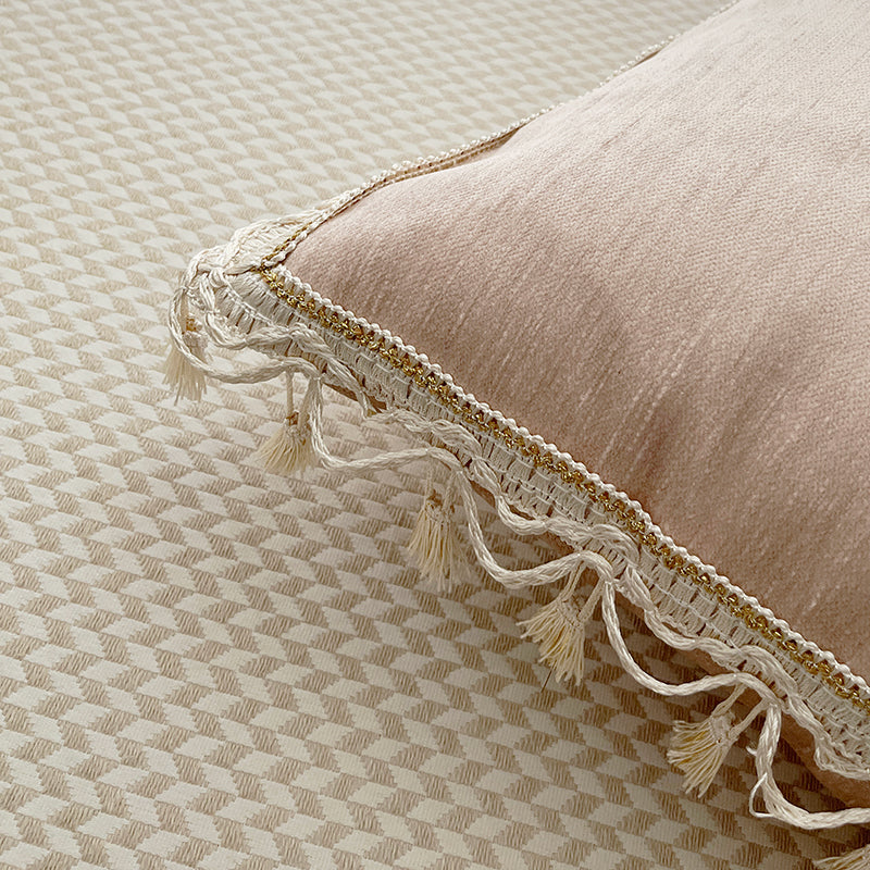 Boho Chic Tassel Fringe Velvet Throw Pillow Cover in Sakura Pink/Off-White Colorway