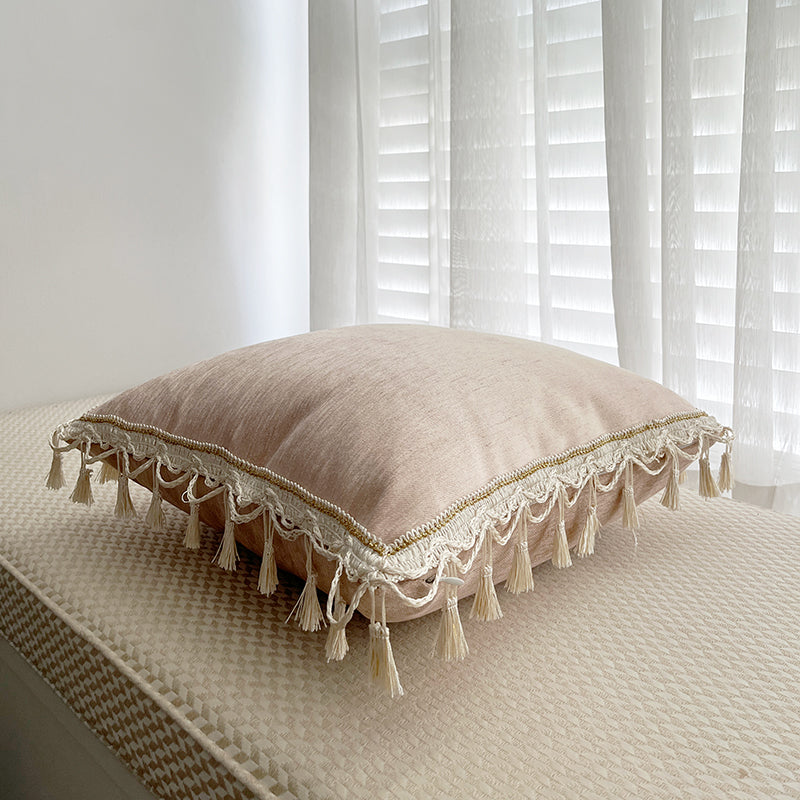 Boho Chic Tassel Fringe Velvet Throw Pillow Cover in Sakura Pink/Off-White Colorway