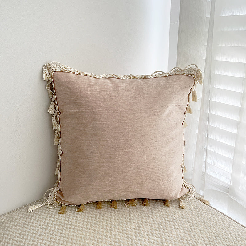 Boho Chic Tassel Fringe Velvet Throw Pillow Cover in Sakura Pink/Off-White Colorway