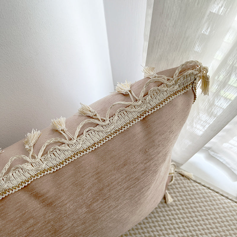 Boho Chic Tassel Fringe Velvet Throw Pillow Cover in Sakura Pink/Off-White Colorway