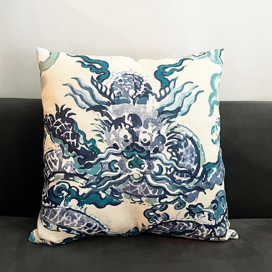 Jim Thompson Enter the Dragons Throw Pillow Cover - Antique Blue Colorway (Single-Sided)