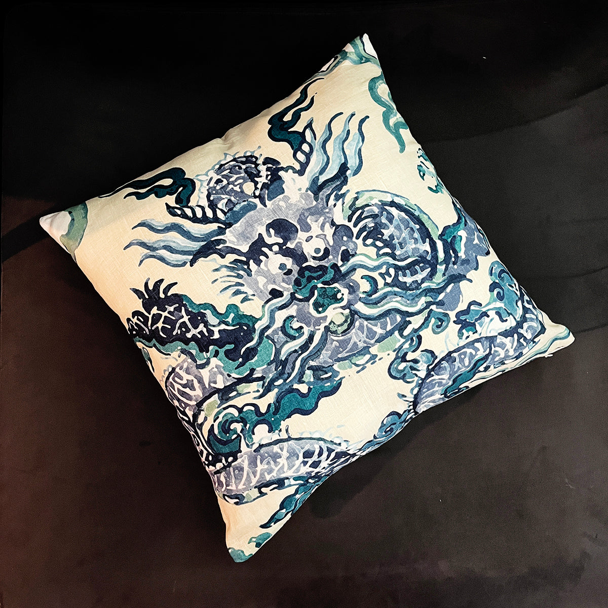 Jim Thompson Enter the Dragons Throw Pillow Cover - Antique Blue Colorway (Single-Sided)