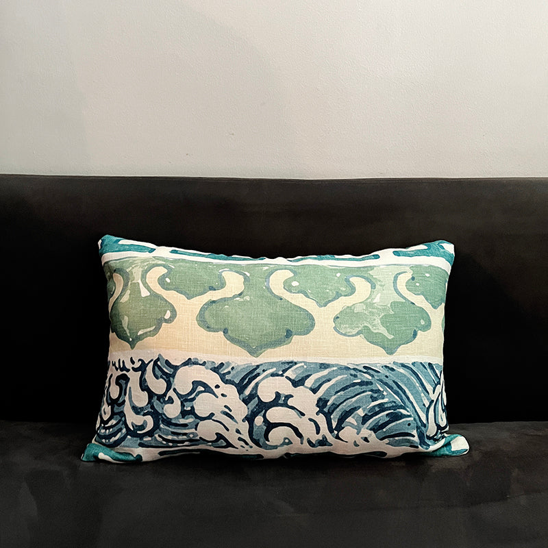 Chinese Motif Lumbar Throw Pillow Cover - Antique Blue Colorway (Single-Sided)