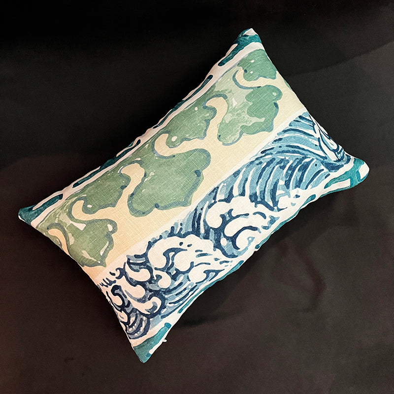 Chinese Motif Lumbar Throw Pillow Cover - Antique Blue Colorway (Single-Sided)