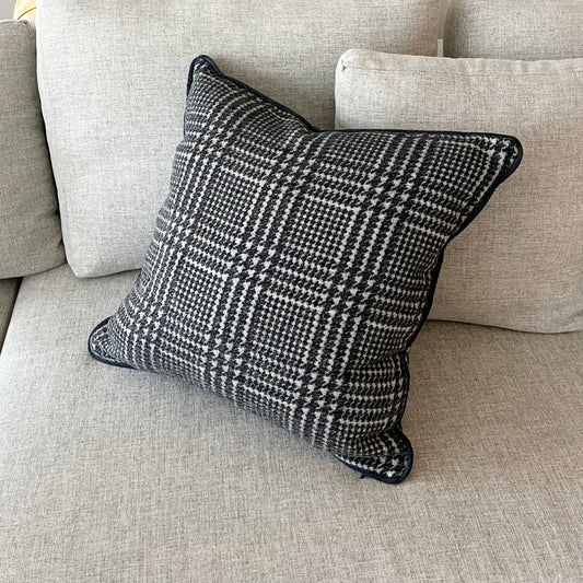 Plaid Houndstooth with Black Piping Throw Pillow Cover - Dark Gray Colorway